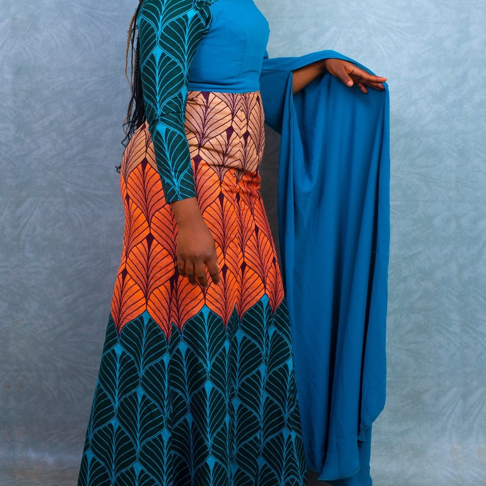 max dress African print long blue fancy sleeves